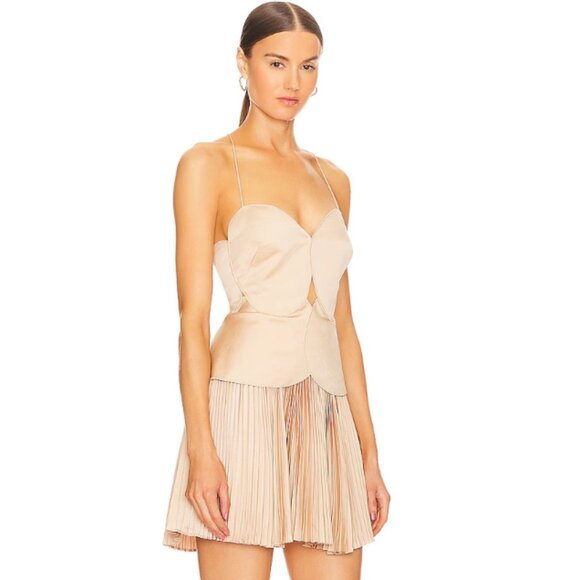NWT Acler Willcocks Mini Dress Size 4 Tan Spaghetti Strap Pleated Lace-Up Back - Picture 5 of 13